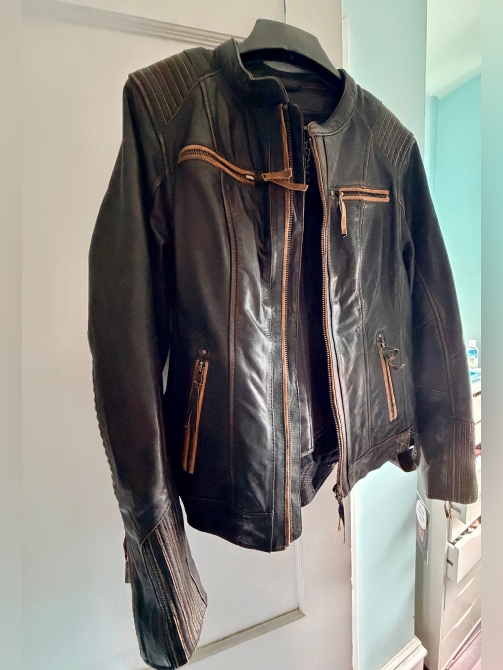 First mfg Electra Black Leather Zipper Motorcycle Jacket in black and cognac